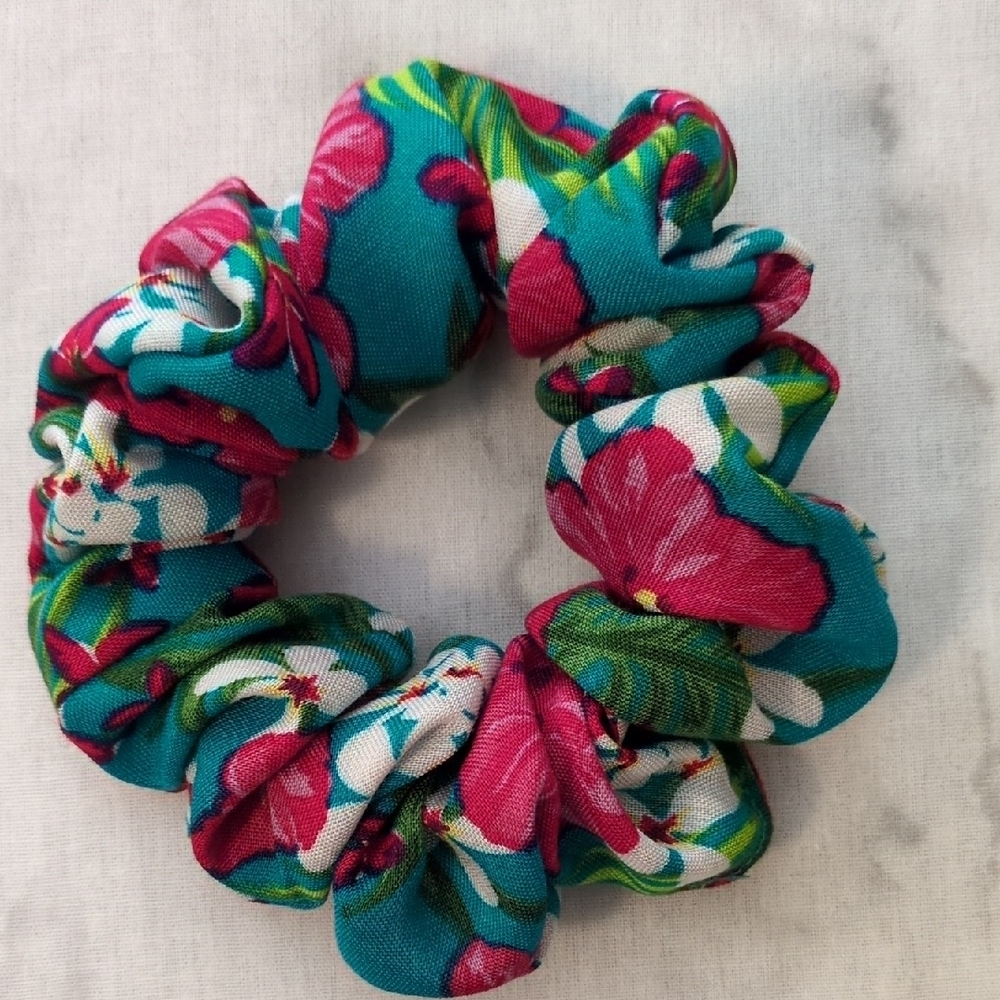 3/$20 Floral Hair Scrunchie with Pink and Green Accents - Rayon